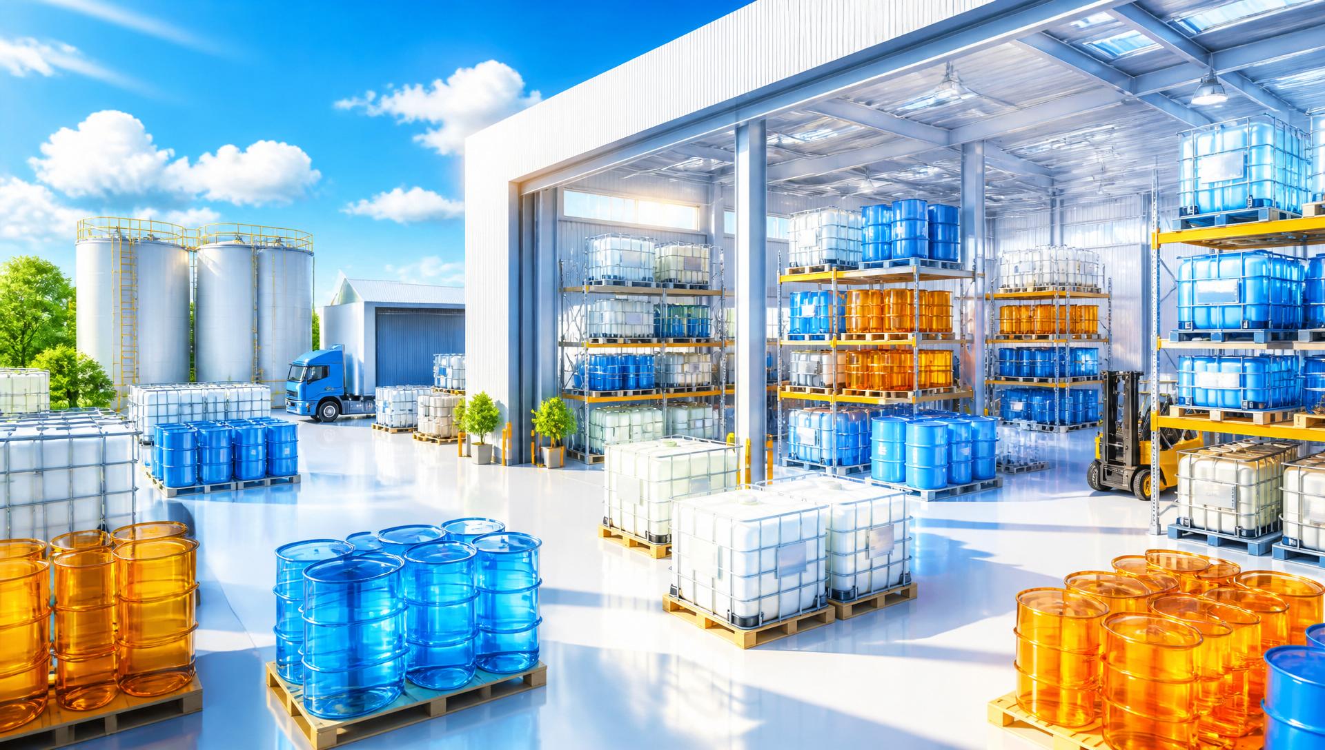Bright, organized chemical storage warehouse with blue and white drums and IBC containers on pallets