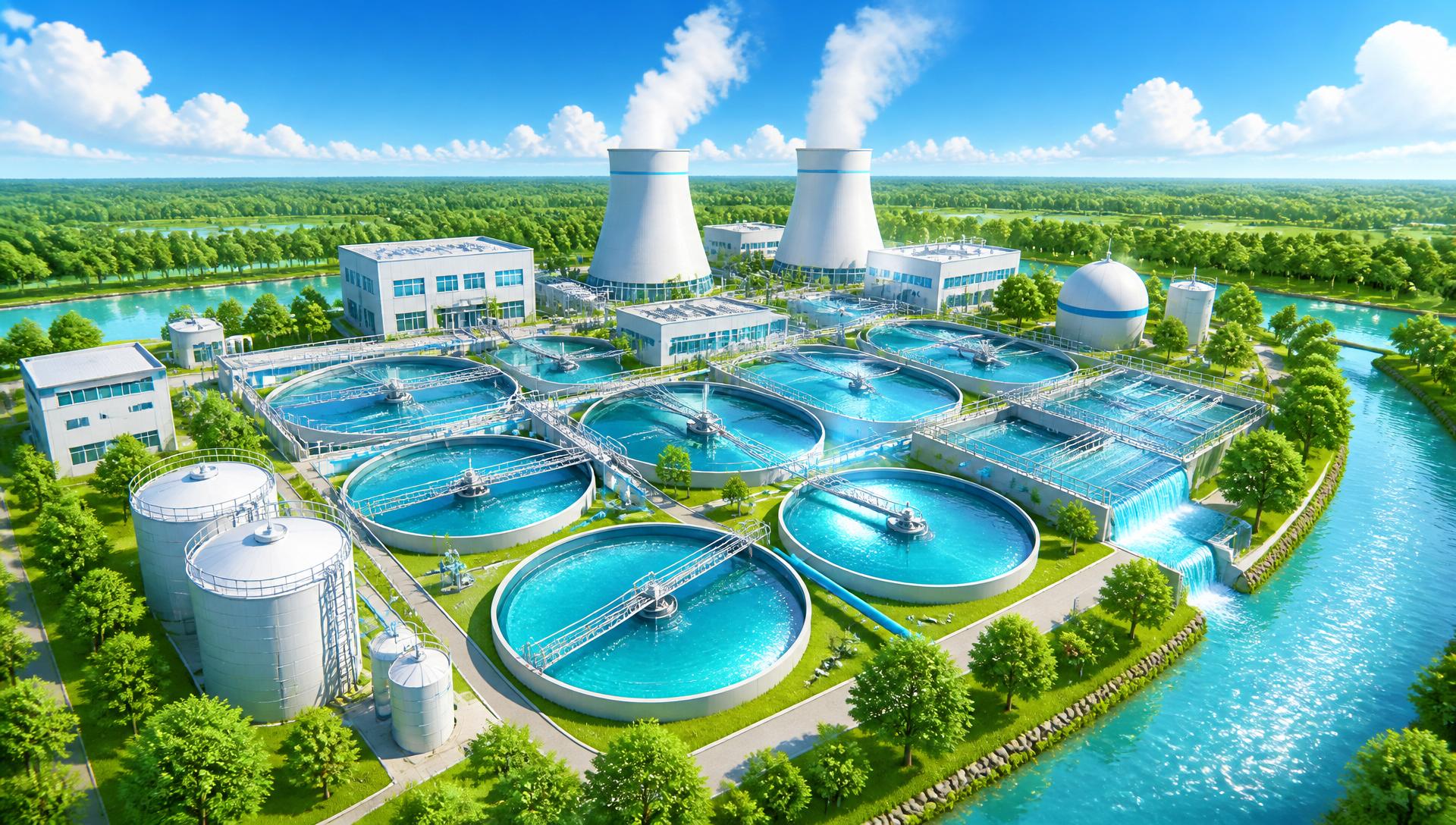 Modern wastewater treatment plant with aeration tanks, cooling towers, and sparkling clean water